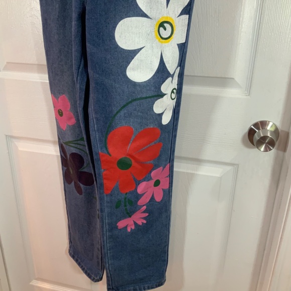 Miss Look Painted Flowers Denim Boho Overalls Size Medium - Picture 6 of 14